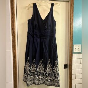 dressbarn Navy Blue Dress with White Floral Embroidery
